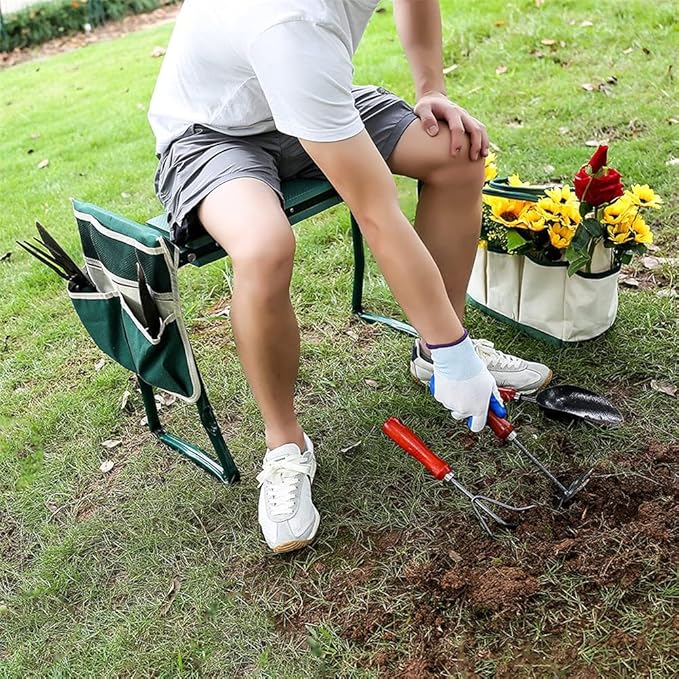 Garden Kneeler Seat Garden Stools Foldable Stool with Tool Bag Pouch EVA Foam Pad Capacity-Protects Your Knees for Gardening(Large-23.6 x 10.6 x 19.3) Tool kit（wh000005）