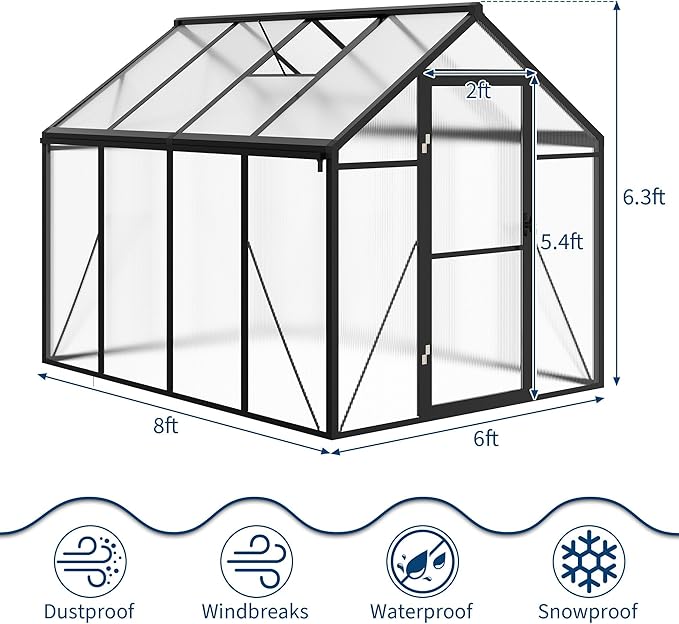 6x10 FT Greenhouse for Outdoors Polycarbonate Greenhouse with Roof Vent Ground Nails Lockable Hinged Door Aluminum Large Walk-in Green House for Outside Garden Backyard Patio Lawn Black