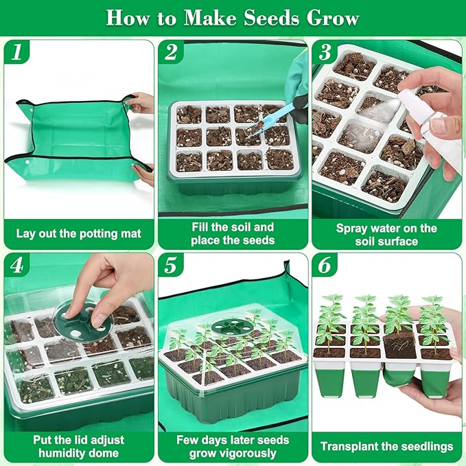 Reusable Silicone Seed Starter Tray 96 Cells Seed Starter Kit with Humidity Adjustable Dome and Lid 8 Packs Plant Germination Trays with Repotting Mat Germination Kit for Seeds Grow Starting