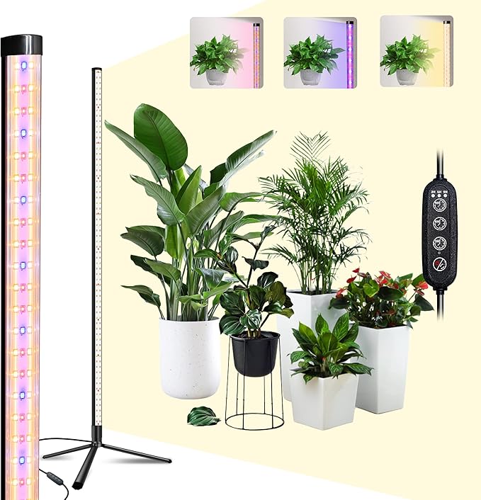 T8 LED Standing Grow Light for Indoor Plants with Timer 42W Full Spectrum Plant Light with 243 LEDs 4FT Height Tripod Stand Wide Coverage Floor Grow Lamp