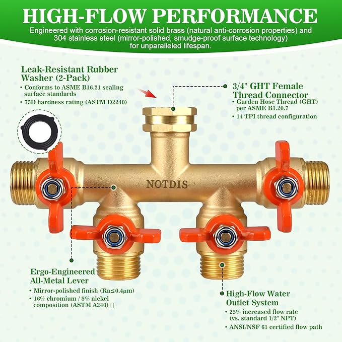 4 Way Brass Hose Splitter Full Flow with Metal Handle - Heavy Duty Spigot Splitter with Shut Off Valve 3/4 GHT Garden Tap Connector