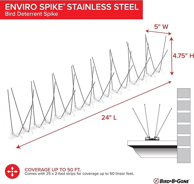Bird B Gone - Pre-Assembled EnviroSpike Stainless Steel Anti Bird Spikes (50') - UV-Stabilized Polycarbonate Base - Humane Deterrent - Stops Pigeons &amp Birds from Roosting On Rooftops Ledges Fenc