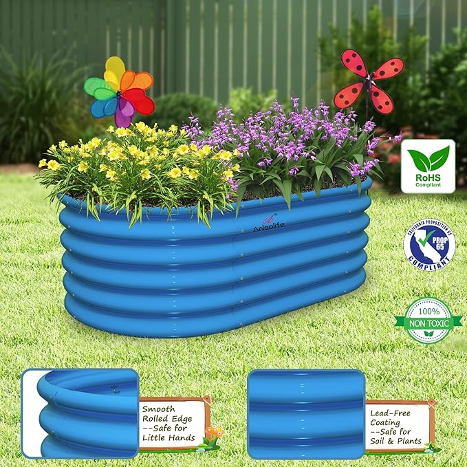 A ANLEOLIFE Kids Mini Raised Garden Beds Outdoor (3-Pack)-40x24x18in Oval Round Galvanized Metal Planter Box for Planting Vegetables Flowers Fruits Eco-Safe &amp Easy Setup Sky Blue