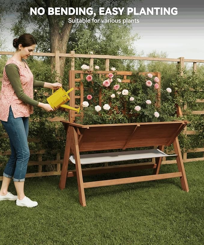 CABIHOME 2-in-1 Raised Garden Bed with Legs Large Elevated Wooden Raised Planter Box with Vine Climbing Trellis-Standing Growing Bed for Growing Vegetables Flowers Herbs