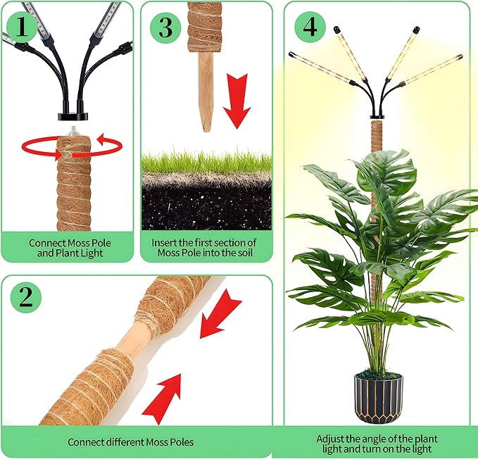 Grow Lights with Moss Pole for Indoor Plants Full Spectrum LED Plant Light with Auto 3/9/12H Timer Adjustable Height 15-54 Plant Lights Coco Coir Pole for Monstera Philodendron Climbing Plants