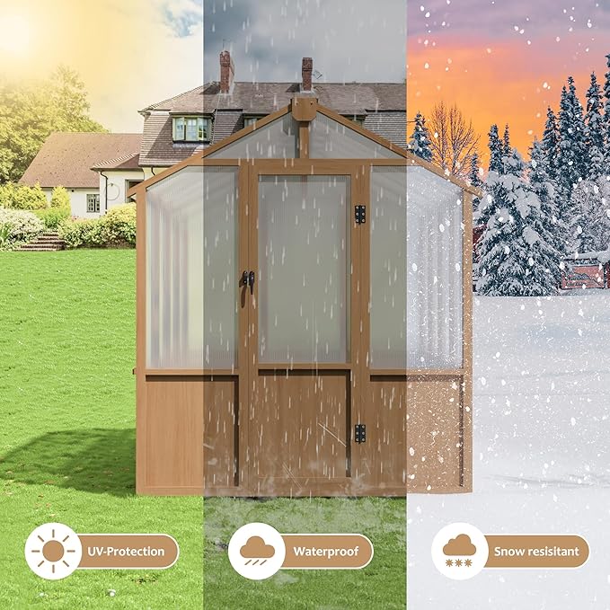 6x8 FT Greenhouse 6MM Thick Polycarbonate Panel Wooden Walk-in Green House with Adjustable Roof Vents and Lockable DoorGarden Backyard Patio Lawn Brown