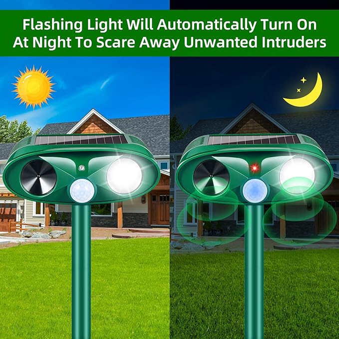2026 Upgraded Solar Ultrasonic Animal Repellent Outdoor Cat Deer Repellent with Motion Sensor Strobe Light IP65 Waterproof Repeller Keep Rodent Squirrel Raccoon Opossum Skunk Out of Yard Farm4 Pack