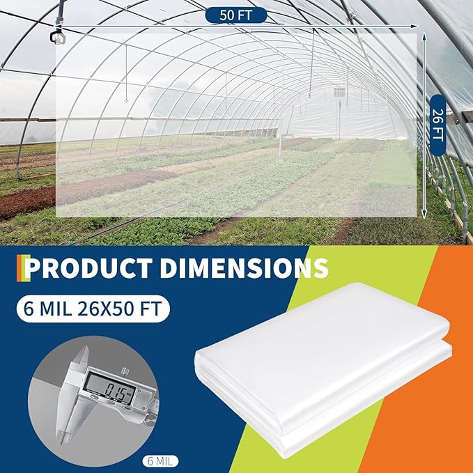 26x50FT Greenhouse Plastic Sheeting 6 Mil Thickness Transparent Greenhouse Film Waterproof Plastic Covering for Winter UV Resistant Clear Polyethylene Film for Farms Agriculture Garden