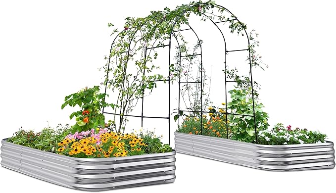 KING BIRD Raised Garden Bed with Arched Trellis Galvanized Planter Garden Box Outdoor for Gardening Climbing Vegetables Flowers 7.87x3.94x0.98 Ft 2PCS Silver