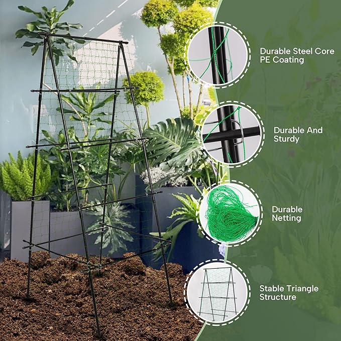 HPC Decor Cucumber Trellis for Raised Bed 6 FT Tall Garden Trellis for Climbing Plant Outdoor Metal A Frame Trellis with Climbing Net Support for Vegetable Grape Tomato Peas Fruit Vine.
