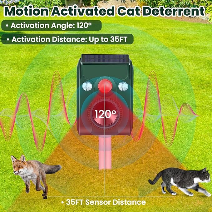 Cat Repellent Outdoor 2 Pack Solar Animal Repeller Ultrasonic with Motion Sensor and Flashing Light - Waterproof Skunk Deer Bird Raccoon Squirrel Cat Deterrent for Yard Garden Farm