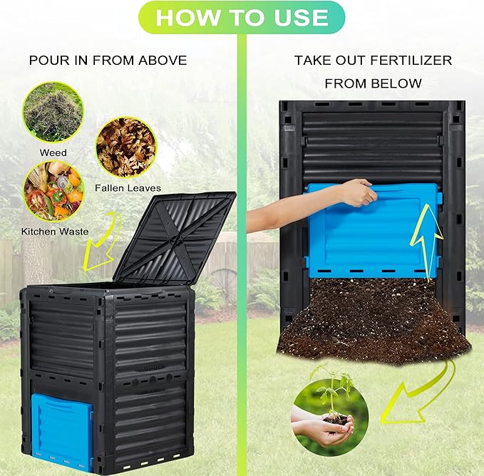 Garden Compost Bin 80 Gallon (300L) Large Outdoor Composter from PP MaterialComposting Box Easy Assembly &amp Many Vents Fast Creation of Fertile Soil Lightweight &amp Sturdy