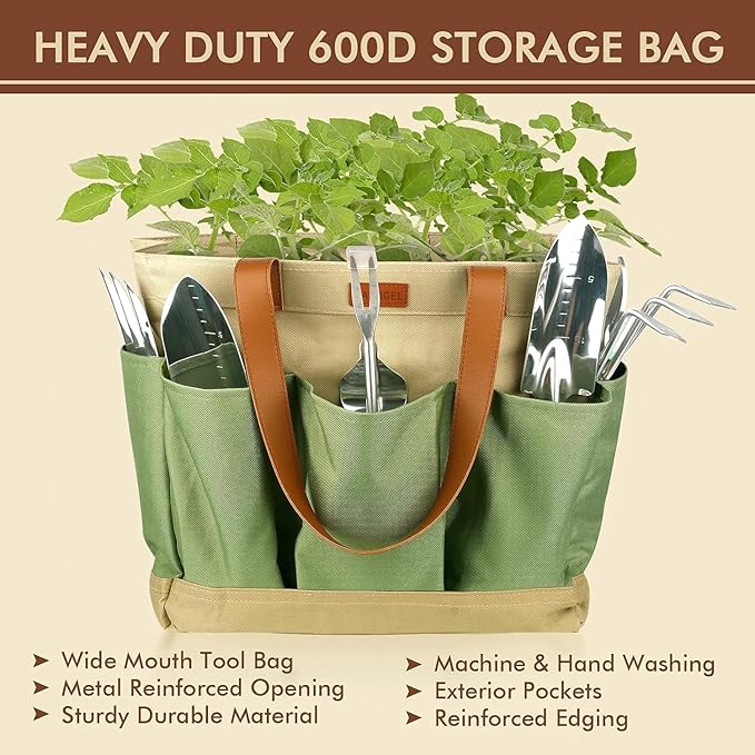 YAUNGEL Gardening Tools Set of 10 Heavy Duty Gardening Hand Tools Stainless Steel Garden Tools with Wooden Handle Storage Garden Bag Gardening Gifts for Women and Men