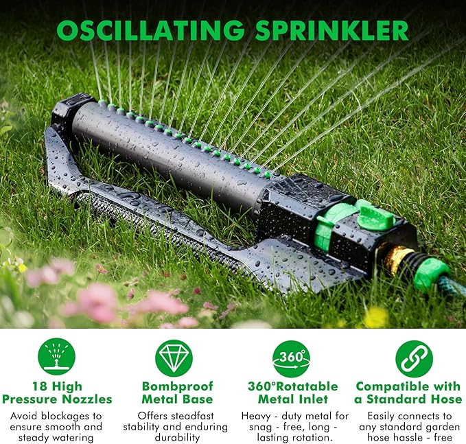 [2 Pack] RESTMO Heavy Duty Oscillating Sprinkler with Metal Base – Adjustable Flow Control Lawn Watering System Covers Up to 3600 Sq. Ft. for Garden Yard