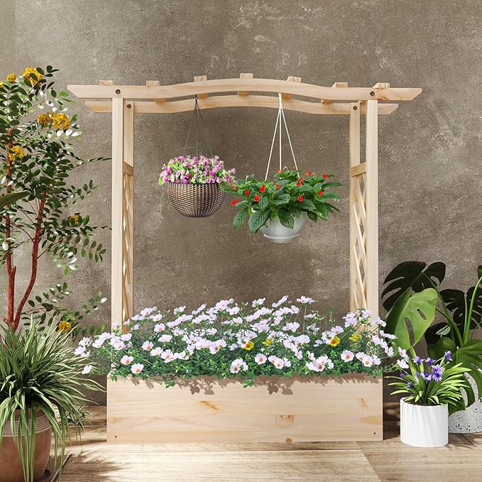 Giantex Raised Garden Bed with Sided Trellis &amp Hanging Roof Wood Planter Box Freestanding Garden Planter Raised Bed for Flowers Herbs Climbing Vines 44”x14”x45” (L x W x H)