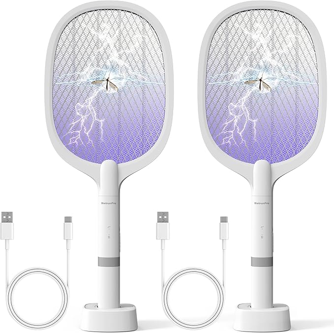 Fly Swatter Electric(2 Pack) USB-C Rechargeable Electric Mosquito Racket Portable Handheld Cordless Electric Bug Zapper Indoor Racket to Kill Mosquitoes Wasps Gnats Flies Bugs with Stand