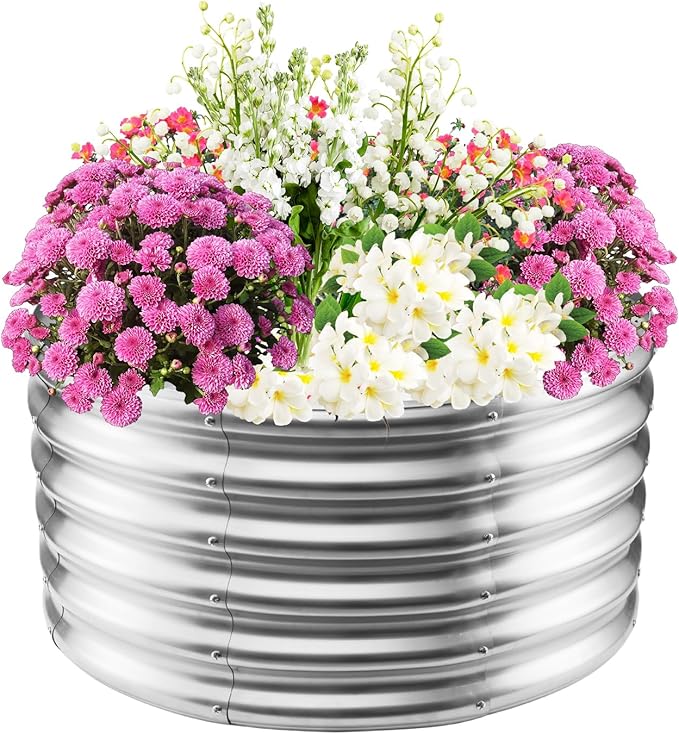 17 Tall Elevated Round Metal Rised Garden Bed- 2.7'x2.7' in Size and 0.8MM Thick Durable Planter Box for Vegetables Flowers Succulent at Patio/Garden Outdoor (Silver 2.7FT Diameter)