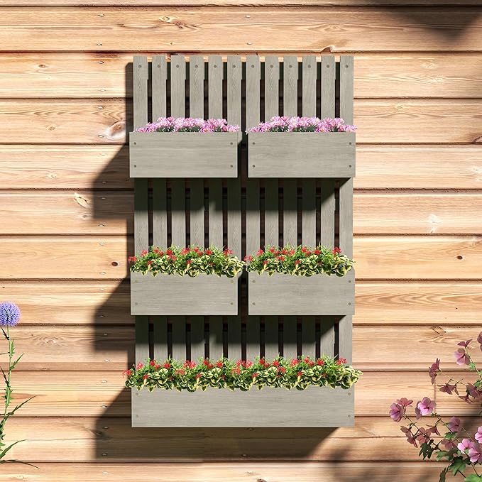 Outsunny 5 Box Raised Garden Bed with Trellis for Vine Flowers &amp Climbing Plants 39 Tall Wall-Mounted Wood Planter Box Set with Adjustable Height Drainage Hole Gray