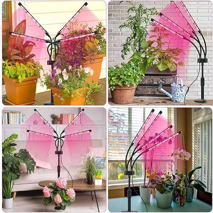 LED Grow Lights for Indoor Plants Plant Grow Lights Full Spectrum Auto ON Off with 3/9/12H Timer 9 Dimmable Lightness Clip-On Desk Grow Lamp Bulbs (Four Head)
