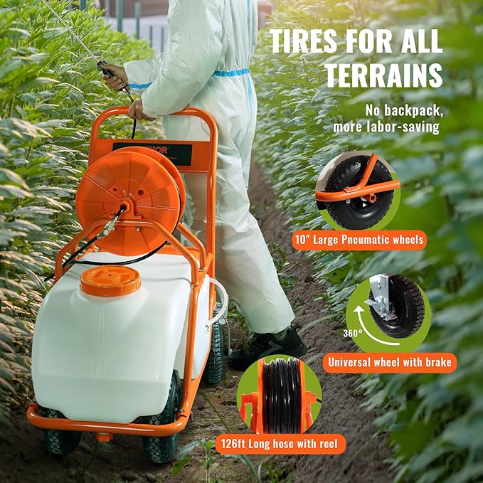 VEVOR Battery Powered 15 Gallon Garden Weed Sprayer with Wheeled Cart 126FT Hose with Reel 8 Nozzles 2 Wands with Lock Trigger 0-90PSI 5-6h Spray Time Wide Mouth Lid Rotating Wheels with Brake