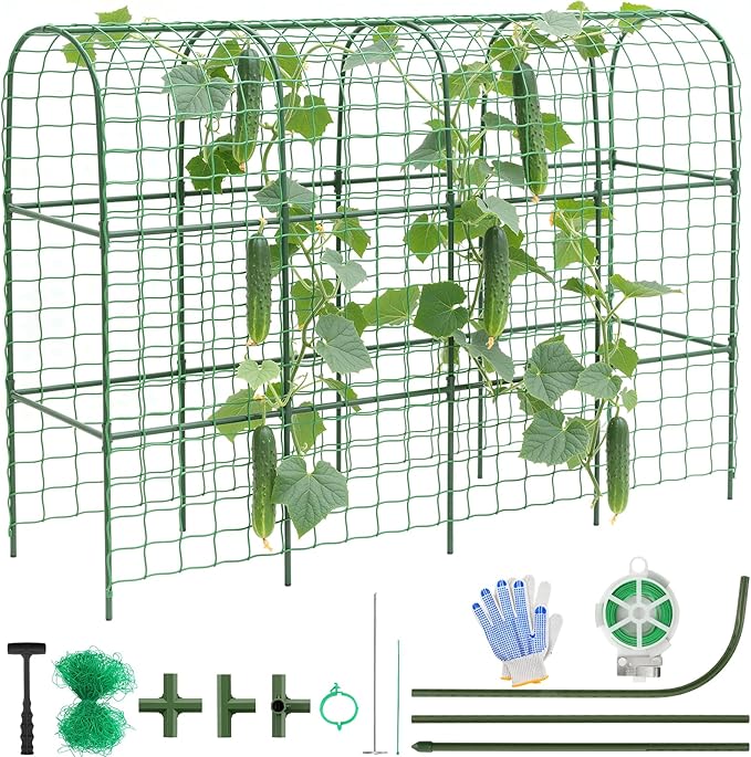 Housolution Cucumber Trellis for Raised Bed 67×48 U-Shape Garden Trellis for Climbing Plants Outdoors with 2×3m Net for Tomato Squash Zucchini Peas Beans Grape Fruit Flowers Green