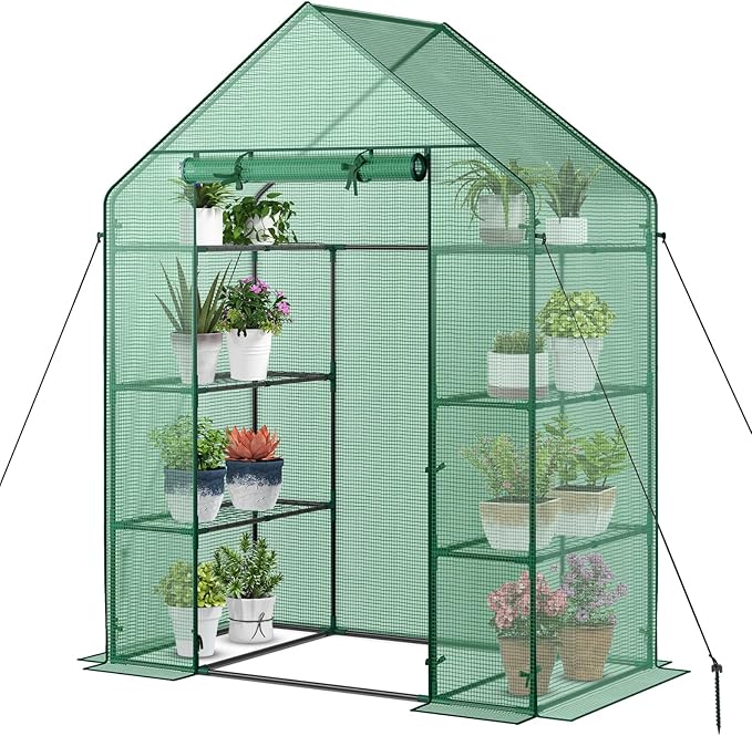 Happygrill Walk-in Greenhouse Potable Greenhouse with Roll-up &amp Zippered Door PE Cover 4 Tier 8 Mesh Shelves for Plants Herb and Flower Greenhouses for Outdoors Patio Lawn Yard 56 x 28x