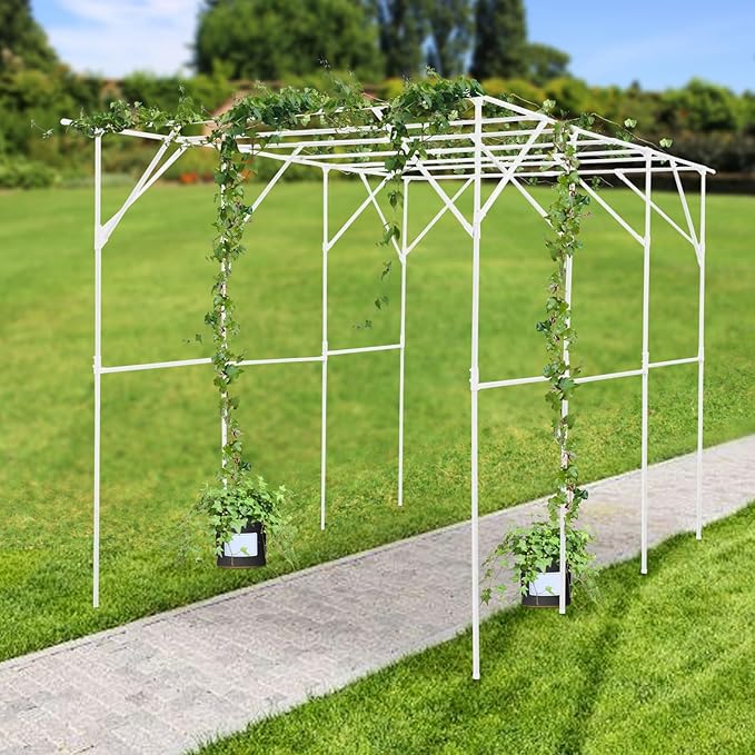 H Tall Grape Vine Trellis Garden Arch Trellis for Climbing Plants Outdoor Metal Walkway Arbor Pergola Support Rack Trellises for Vegetable Fruit Cucumber Pea Bean Vineyard 118x79x90 (White)