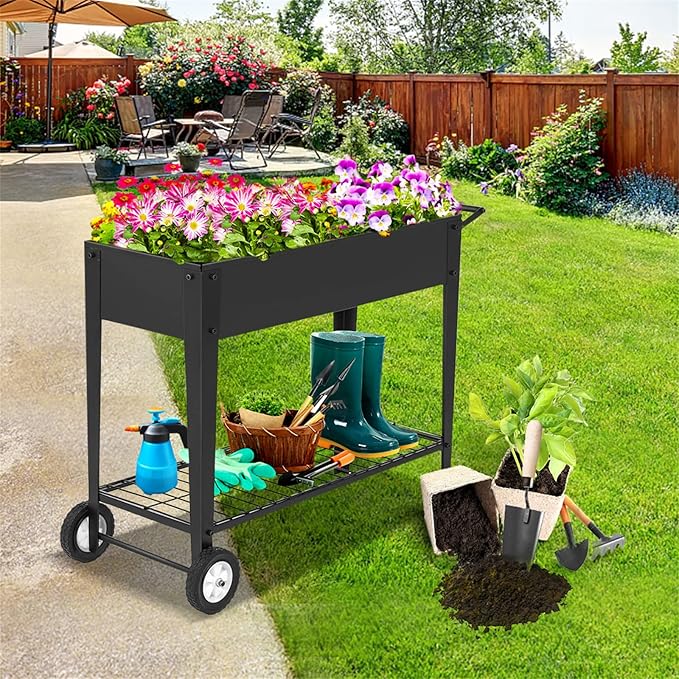 GARFANS Raised Garden Bed Metal Raised Planter Box Outdoor with Legs 2 Wheels and Shelf Elevated Garden Bed Box for Vegetable Indoor Herb Flower Backyard Patio 40 L x 16 W x 31.5 H