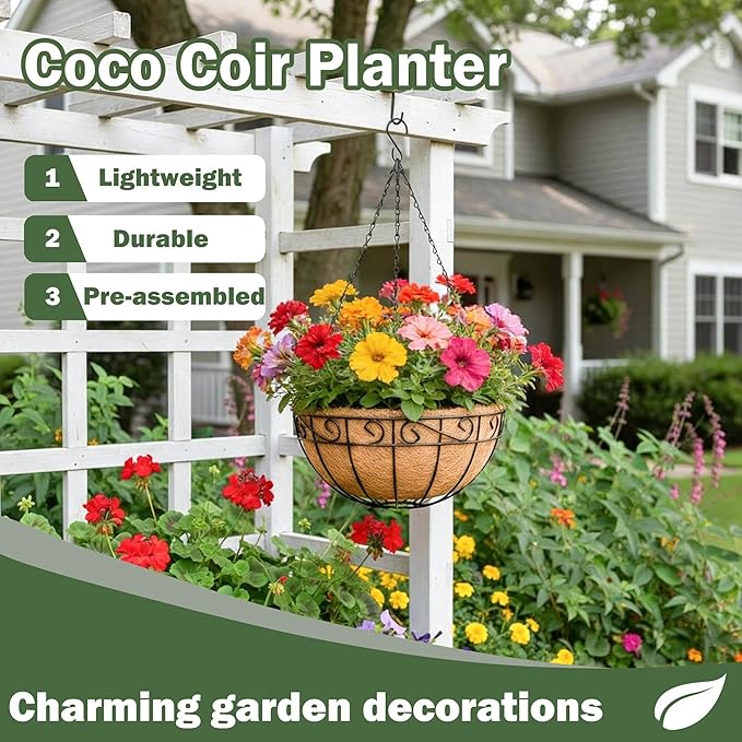 4 Pack 10 Inch Hanging Baskets for Plants Outdoor Metal Hanging Planter Basket with Coco Coir Liner Hanging Flower Baskets Hangings Flower Pots Holder for Garden Patio(Flower)
