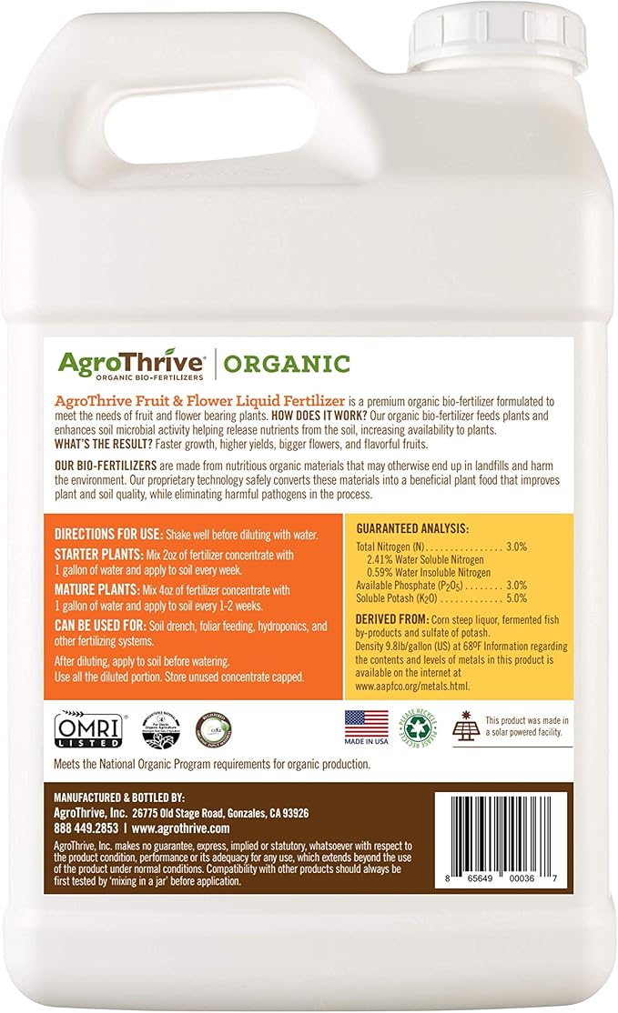 AgroThrive Fruit and Flower Organic Liquid Fertilizer - 3-3-5 NPK (ATFF1320) (2.5 Gal) for Fruits Flowers Vegetables Greenhouses and Herbs