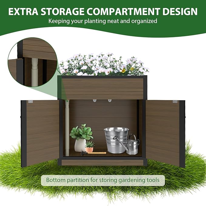 mondaria Raised Bed Garden Cabinet with Extra Storage Compartments Composite Planter Stand Box (Brown)