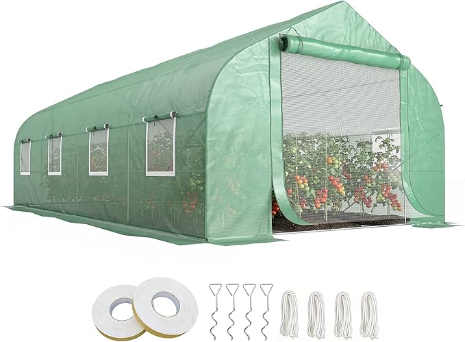 Outsunny 20' x 10' x 7' Walk-in Greenhouse Tunnel Green House with Zippered Mesh Door and 6 Mesh Windows Gardening Plant Hot House with Galvanized Steel Frame Green