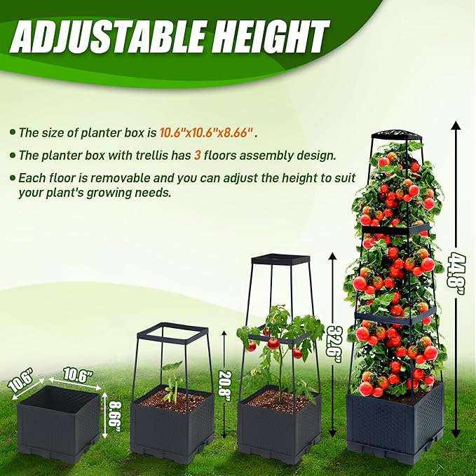 2 Packs Raised Garden Bed Tomato Planter Box with Trellis44.8 Self-Watering Tomato Cage with Trapezoidal Trellis for Climbing Plants Flowers Vegetables Vine in Patio Garden Indoor Outdoor