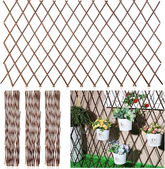4 Pack Expandable Willow Trellis Lattice Fence Willow Fence Panel for Climbing Plants Garden Lattice Trellis Plant Support Open Screen Fencing Outdoor Decorative Wood
