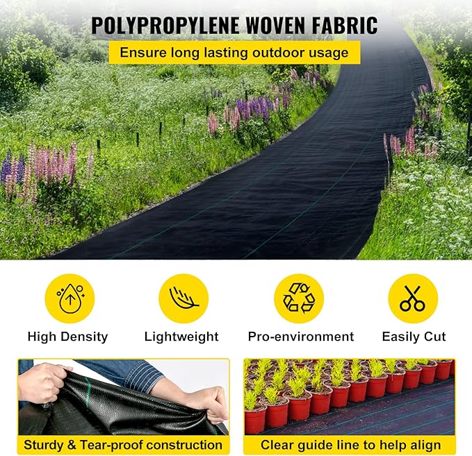 Happybuy 6FTx300FT Premium Weed Barrier Landscape Fabric Heavy Duty 3OZ Woven Weed Control Fabric Good Permeability for Weed Block Gardening Mat Driveway Fabric Landscaping Fabric Ground Cover