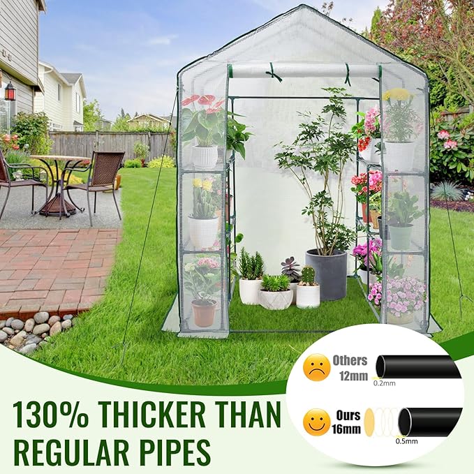 Greengro Greenhouse 57 x 57 x 76'' Greenhouses for Outdoors Portable Greenhouse Kit with Mesh Side Windows PE Cover 8 Shelves Heavy Duty Walk in Green House for Backyard Garden Indoor Outside