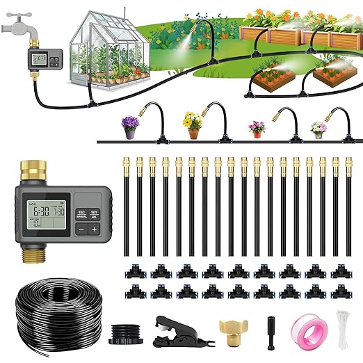120 Ft Drip Irrigation System with Smart Water Timer – Automatic Garden Watering Kit with Solid Brass Metal Connectors 360° Adjustable Nozzles &amp Bendable Tubing for Garden Greenhouse &amp Lawn