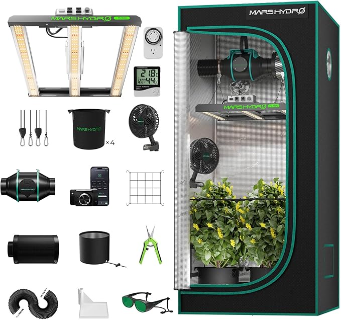 MARS HYDRO 3x3 Smart Grow Tent Kit Complete System150W FC1500 Samsung LM301H Grow LightApp Dimming Control1680D High Reflective Mylarwith Smart WiFi App Control Ventilation System10 Speed Fan