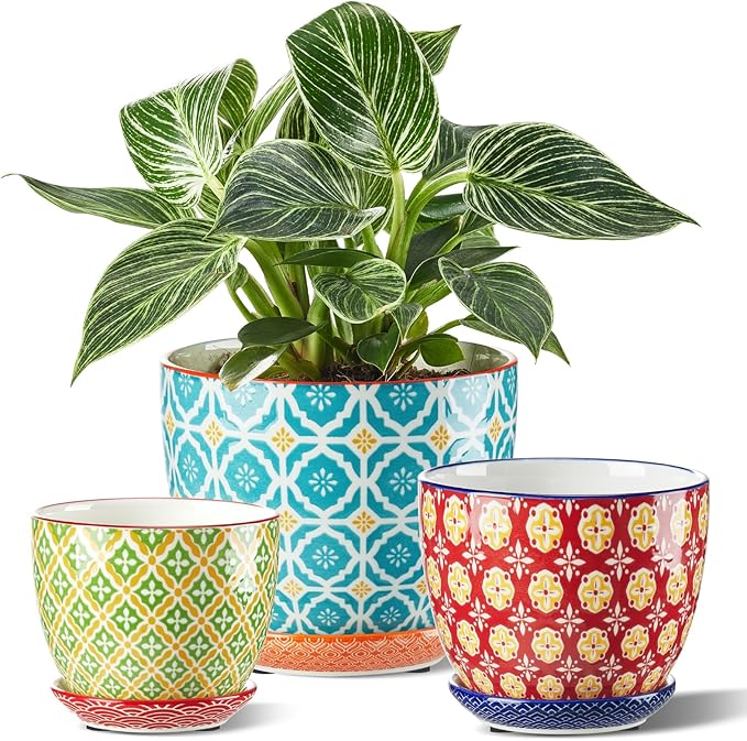 Ceramic Plant Pots 3.8+4.9+5.8 Inch Set of 3 Flower Pots with Drainage Hole &amp Saucer Trio Planter Pots Set for House Plants Home Decor Vibrant Colors
