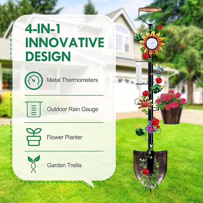 Garden Trellis with Thermometer Rain Gauge Outdoor 55 Inch Shovel Plant Trellis with Planters for Climbing Plants - Decorative for Patio Lawn Yard Backyard