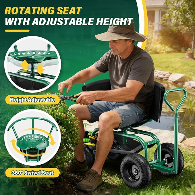 Garden Seat with Wheels Rolling Garden Stool with Adjustable 360°Swivel Seat Storage Basket &amp Extendable Handle Outdoor Gardening Scooter Garden Cart Workseat Stools for Seniors