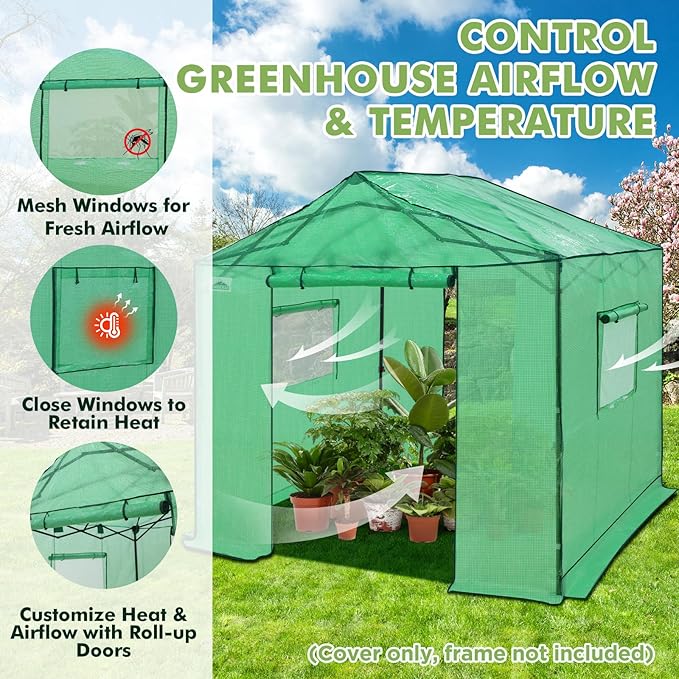 EAGLE PEAK Replacement Cover for 10x10 Gable Roof Pop up Greenhouse Front and Rear Roll-Up Zipper Entry Doors and 2 Large Roll-Up Side Windows (Frame Not Included) Green