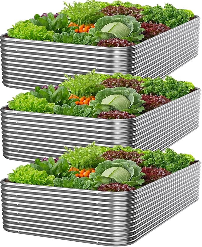 3 PCS Tall 4x2x1.5ft Galvanized Raised Garden Bed Outdoor Metal Garden Bed for Vegetables Above Ground Garden Box for Flower Steel Raised Beds for Gardening