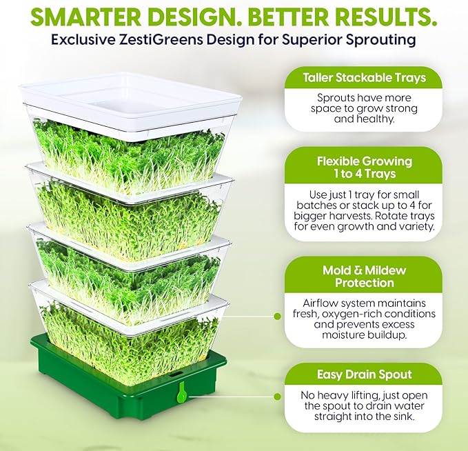 2026 Upgraded 4-Tier Stackable Seed Sprouter with Air Holes &amp Easy Sink-Draining Spout Tray – Soil-Free Sprouting System for Broccoli Alfalfa &amp Bean Sprouts.