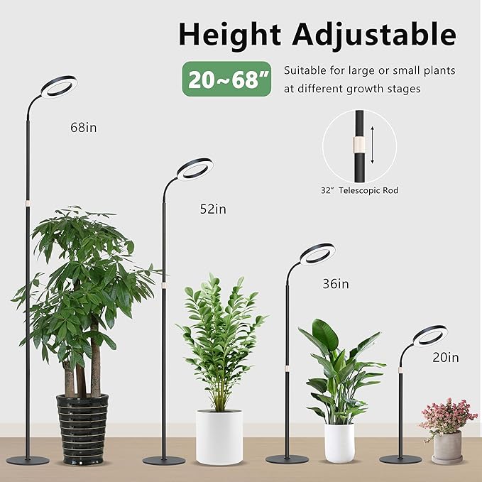 Grow Light for Indoor Plants Full Spectrum LED Halo Plant Lights with Stand Floor Standing Growing Lamp with Adjustable HeightAuto Timer for Tall Large Plant (20W-Black)