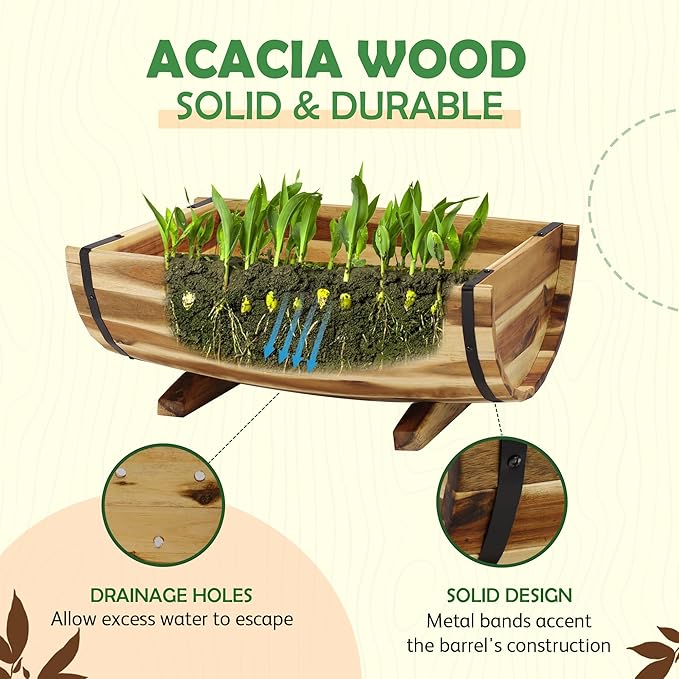 Solid Acacia Wood Half Barrel Planters Outdoor Set of 2 Different Sizes Wooden Planters for Outdoor Plants with Metal Bands &amp Drainage Holes Legs Included Natural