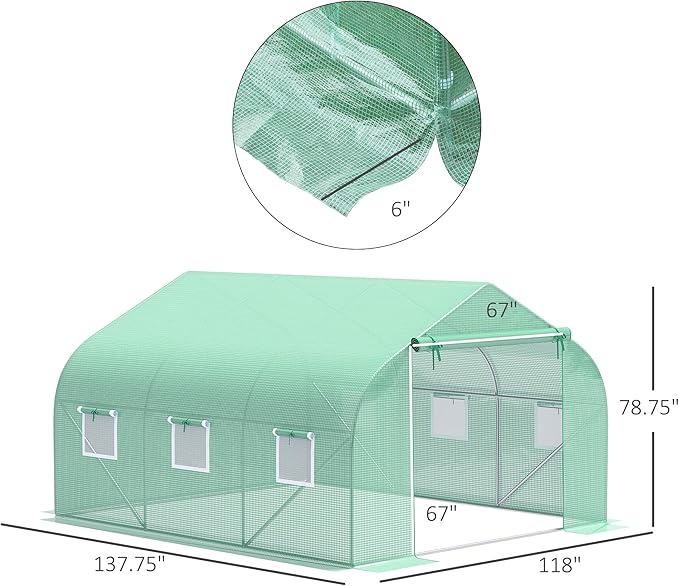 Outsunny 11.5' x 10' x 6.5' Outdoor Walk-in Greenhouse Tunnel Green House with Roll-up Windows Zippered Door PE Cover Heavy Duty Steel Frame Green