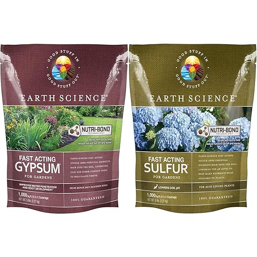 Earth Science Fast Acting Gypsum &amp Sulfur Bundle - Soil Conditioner &amp pH Adjuster Boosts Root Growth &amp Color Improves Nutrient Absorption Safe for Kids &amp Pets 5 lb Bags Each Long