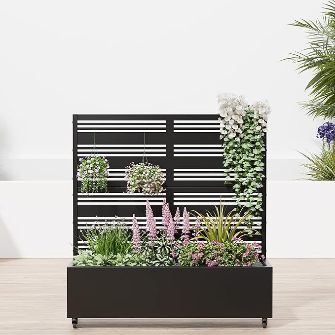 Casaphoria Raised Garden Bed Metal Planter Box with Trellis 47x47x16 for Outdoor Climbing Plants Flowers Vegetables and Vines Privacy Screen with Wheels and Drainage Holes(Black Louvered)