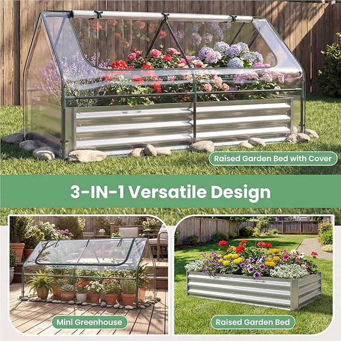 HAPPYGRILL Raised Garden Bed with Cover Galvanized Metal Planter Box Kit w/2 Large Zipper Mesh Screen Windows Outdoor Raised Beds for Gardening Flowers Vegetables (Silver)